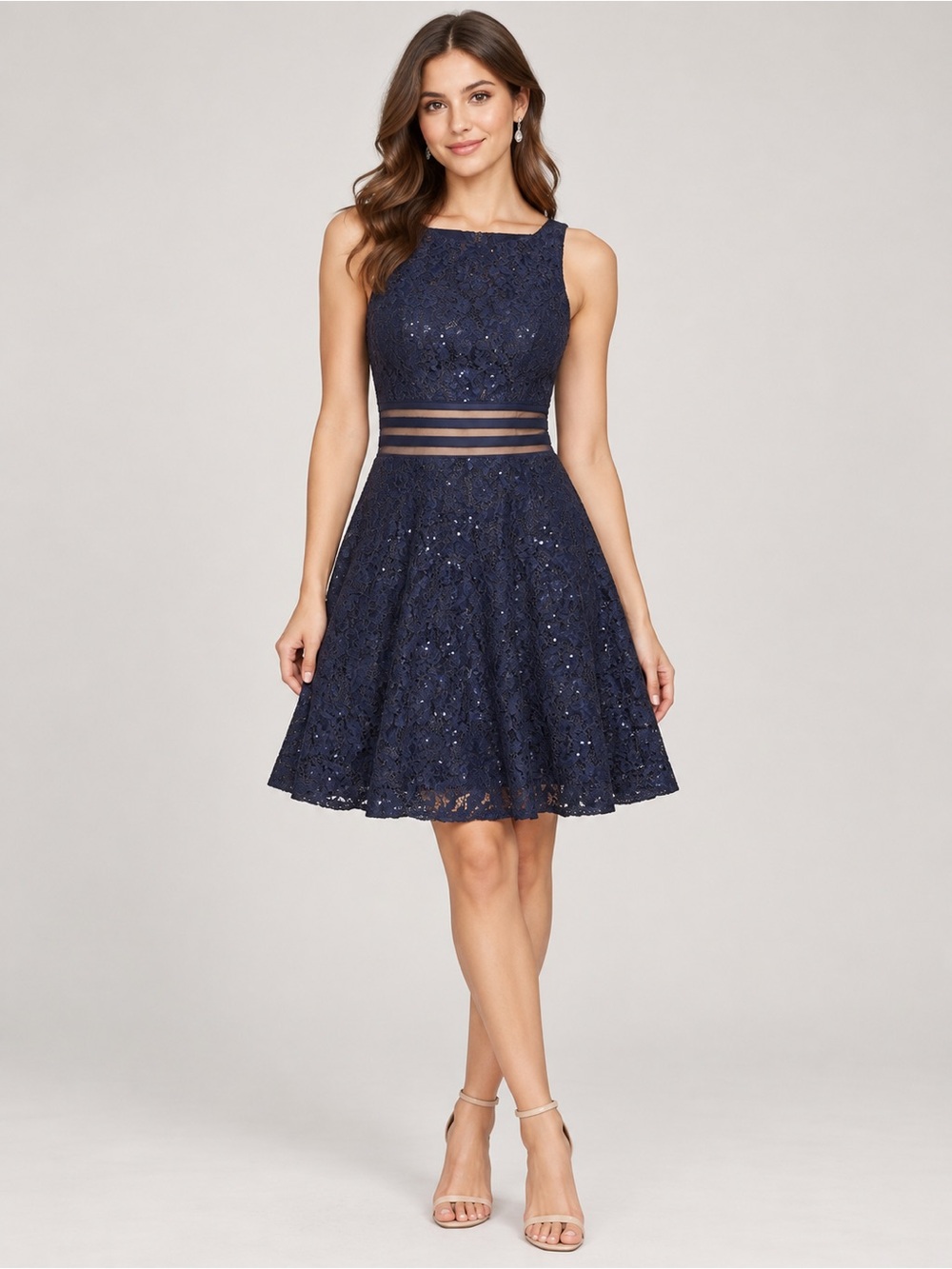 Speechless Navy Blue Lace Sequin Fit & Flare Dress Juniors Size 5 Party Formal